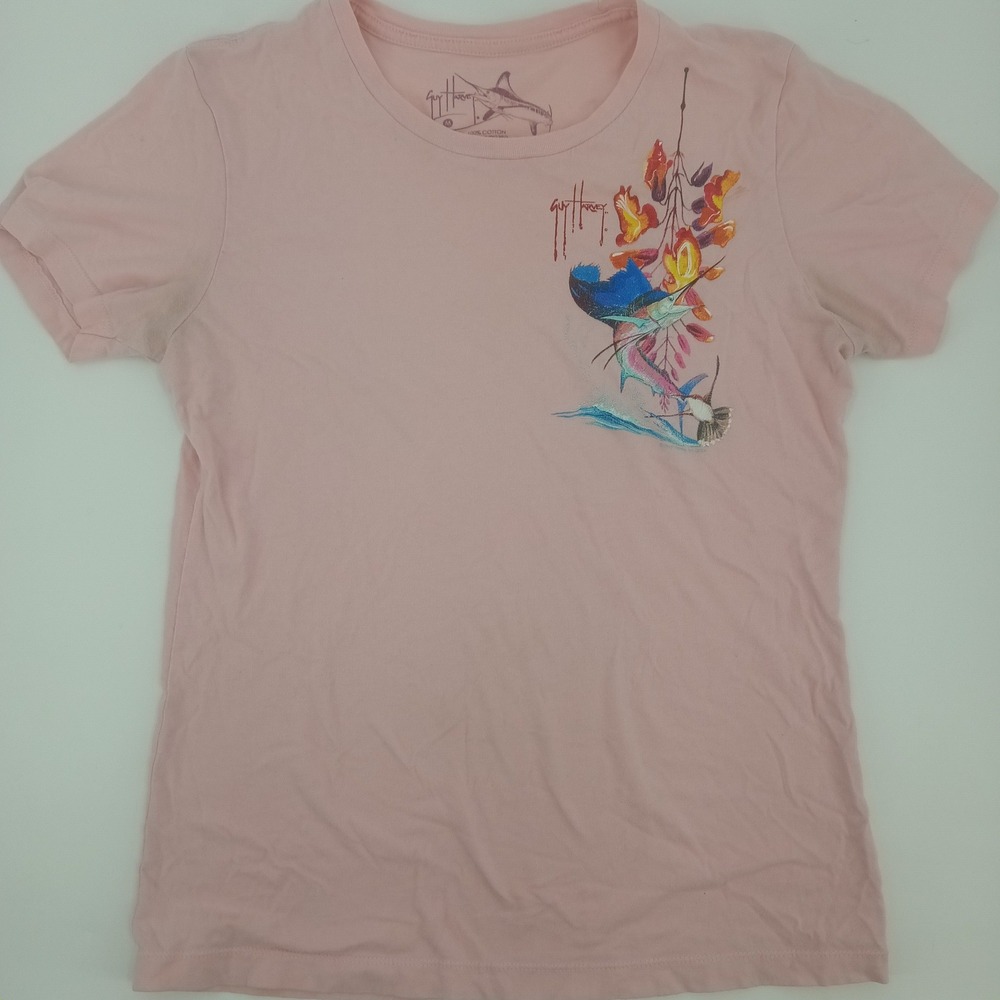 Guy Harvey Womens Pink Marlin Tropical Floral Graphic T-Shirt Size M Cotton